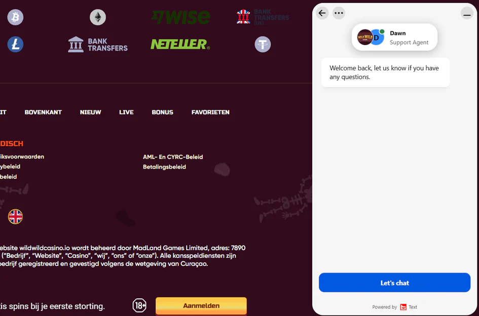 Wild Wild Casino klantenservice via live chat met supportmedewerker Dawn en een overzicht van betaalmethoden